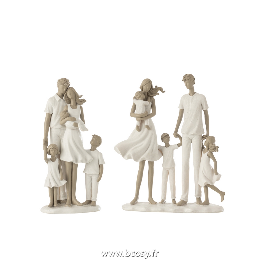 J-Line Couple Avec 3 Enfants Resine Blanc-Taupe L13xB9xH26 cm JLine 21475  by Jolipa 21475 Assortiment de 2 pcs familles statuettes