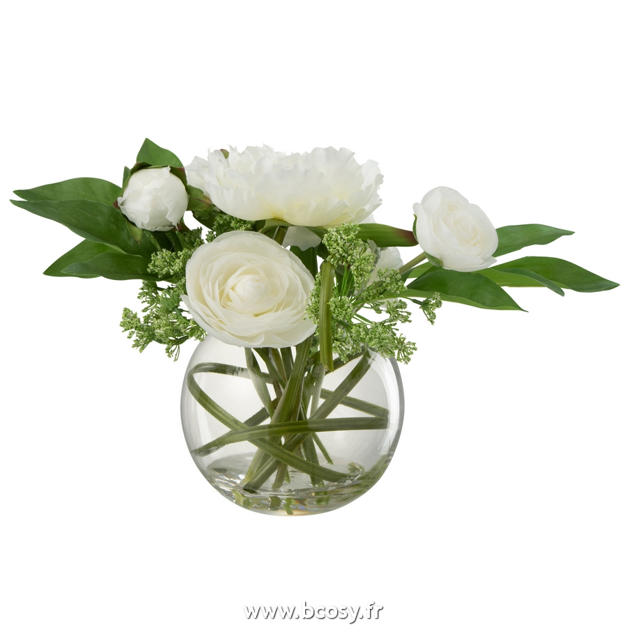 J-Line Renoncule Pivoine En Vase Boule Plastique Verre Blanc L30xB23xH25 cm  Jline 22403 by Jolipa 22403 <span style=