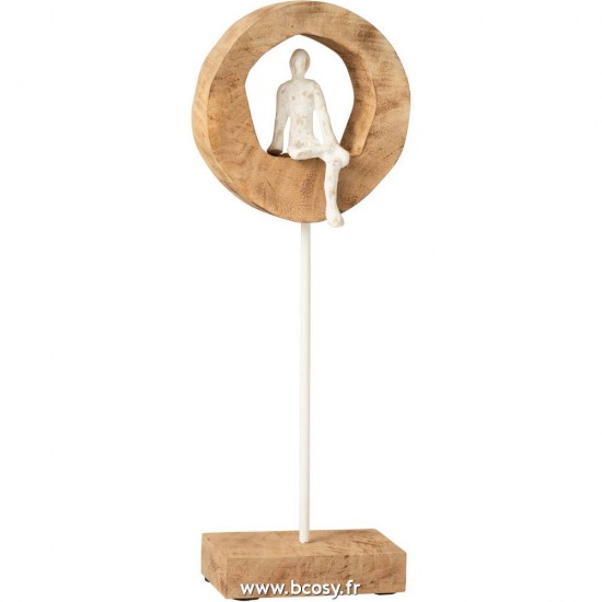 J-Line hommes pensants penseurs statuettes Jolipa J Line Jline Personnage Penseur Cercle Haut Bois De Manguier Aluminium Naturel Blanc