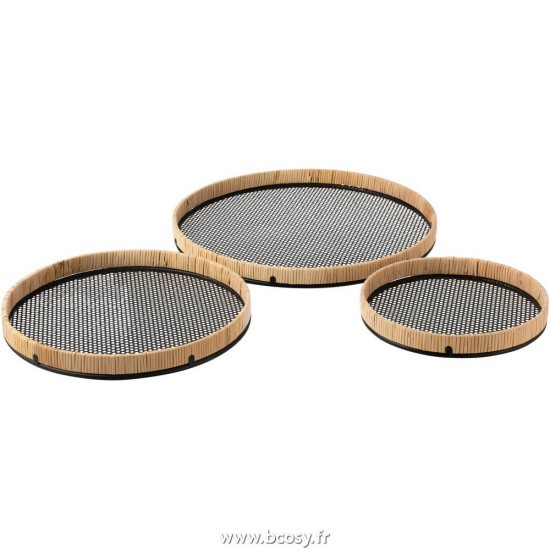 J-Line Jolipa J Line Jline Set De 3 Plateaux Rond Metal Rotin Noir Naturel