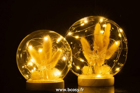 J-Line cloches cuvecles clochettes en verre statuettes J Line Cloche Boule Led Ange Verre Bois Naturel Large