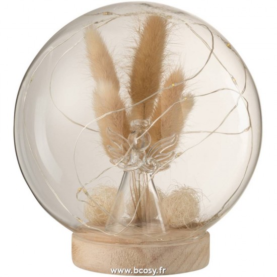 J Line Cloche Boule Led Ange Verre Bois Naturel Large L15xB15xH16 cm Jline 15114 by Jolipa 15114