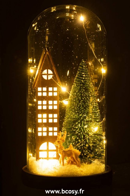 J-Line cloches cuvecles clochettes en verre statuettes Jolipa J Line Jline Cloche Haute Led Maison Verre Bois Marron Fonce Vert Large