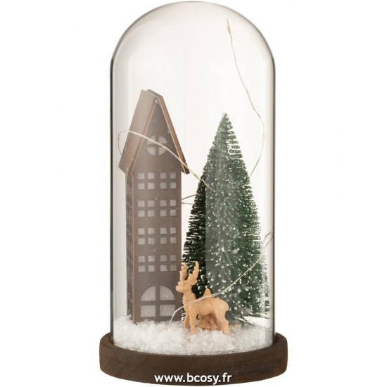 J Line Cloche Haute Led Maison Verre Bois Marron Fonce Vert Large L14xB14xH27 cm Jline 15149 by Jolipa 15149