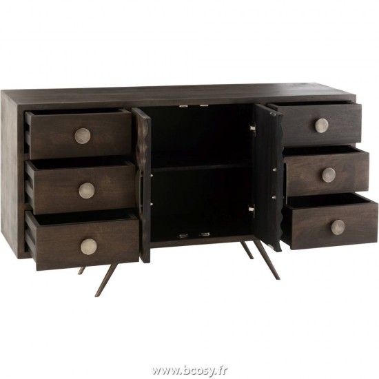 J Line Armoire Basse Ethnique 2 Portes + 6 Tiroirs Bois De Manguier Marron L150xB41xH82 cm Jline 15734 by Jolipa 15734