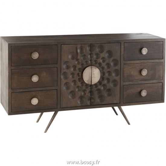 J Line Armoire Basse Ethnique 2 Portes + 6 Tiroirs Bois De Manguier Marron L150xB41xH82 cm Jline 15734 by Jolipa 15734