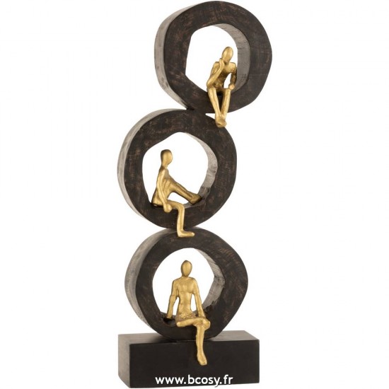 J-Line hommes pensants penseurs statuettes Jolipa J Line Jline Personnages 3 Reflechissant Cercle Bois De Manguier Aluminium Noir Or