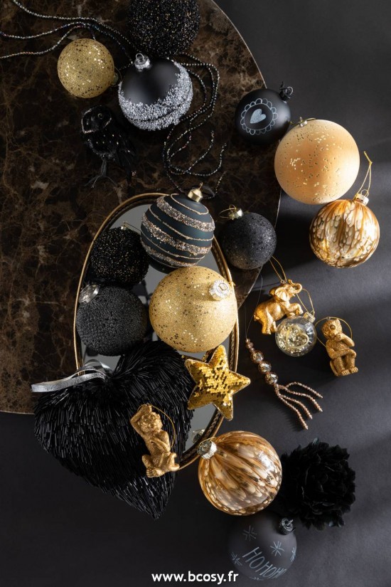 Jolipa J Line Jline Boule De Noel Paillettes Plastique Noir Or Medium