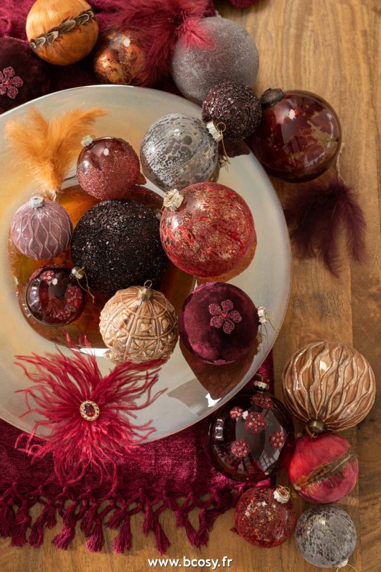 Jolipa J Line Jline Boite De 4 Boules De Noel Fleurs Velours Verre Burgundy Large