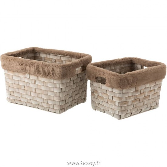 J Line Set De 2 Panier Rectangulaire + Imitation Fourrure Rotin Plat Marron L42xB28xH27 cm Jline 17676 by Jolipa 17676