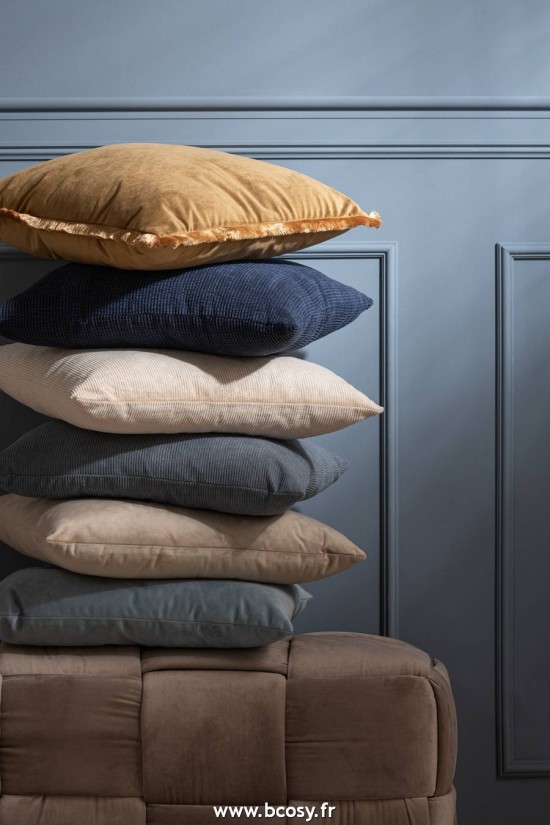 Jolipa J Line Jline Coussin Nervure Carre Velours Gris Bleu