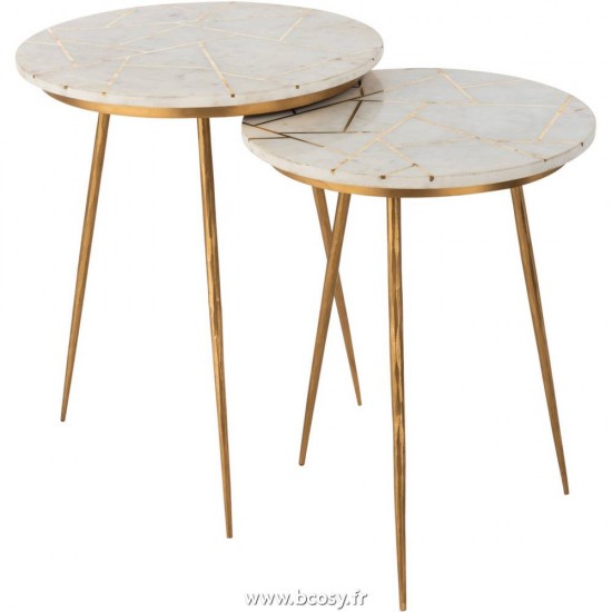J Line Set De 2 Table Gigogne Marbre Metal Or Blanc L46xB46xH56 cm Jline 18449 by Jolipa 18449