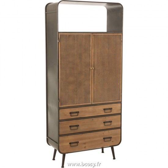 J Line Armoire Haute 3 Tiroirs Metal Bois Noir Naturel L80xB36xH179 cm Jline 19487 by Jolipa 19487