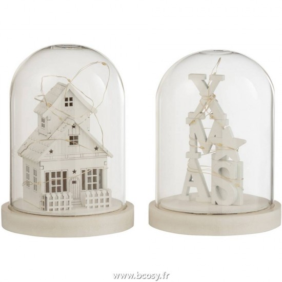 J Line Cloche Hiver Led Bois Verre Blanc L13xB13xH18 cm Jline 19549 by Jolipa 19549 Assortiment de 2 pcs