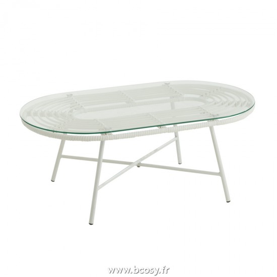 J Line Table Basse Ovale D'Exterieur Metal Verre Blanc L90xB50xH35 cm Jline 20342 by Jolipa 20342