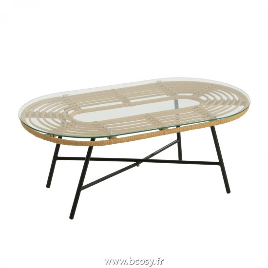 J Line Table Basse Ovale D'Exterieur Metal Verre Nature Noir L90xB50xH35 cm Jline 20357 by Jolipa 20357