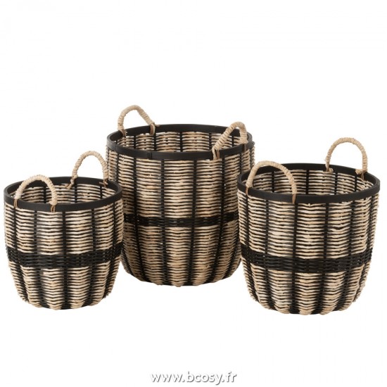 J Line Set de 3 Paniers Corde Rotin Noir Naturel L41xB41xH40 cm Jline 20401 by Jolipa 20401