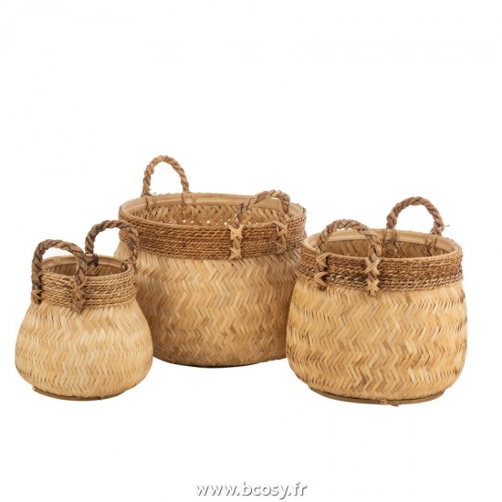 J Line Set Of 3 Baskets Handle Ball Bamboo Rope Natural Small L58xB58xH40 cm Jline 20840 by Jolipa 20840