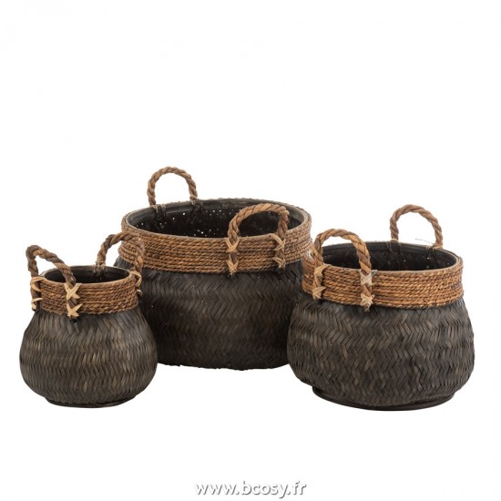 J Line Set Of 3 Baskets Handle Ball Bamboo Rope Black L58xB58xH40 cm Jline 20841 by Jolipa 20841