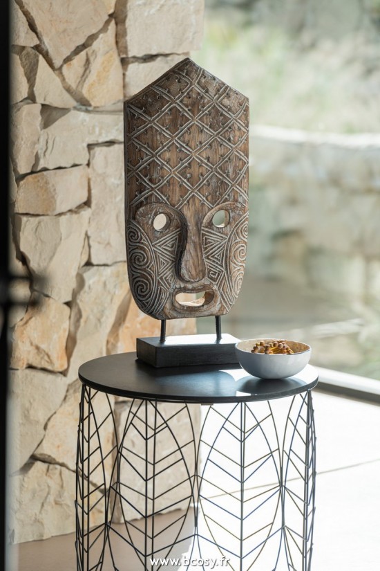 Jolipa J Line Jline Masque Primitif Sur Pied Alabasia En Bois Marron Blanc Large