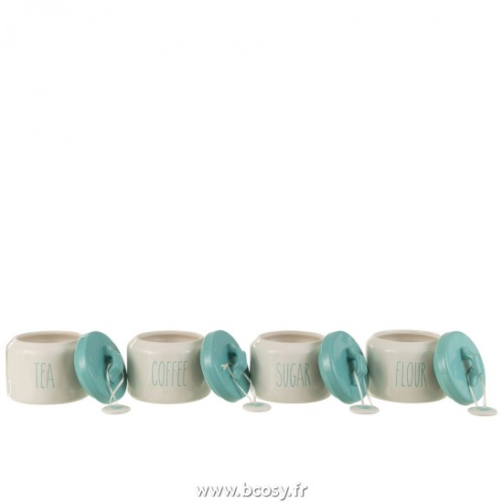 Jolipa J Line Jline Jarres A Farine Sucre Cafe The Ceramique Blanc Bleu Assortiment De 4