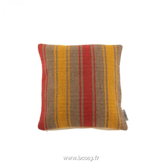 J-Line coussins Jolipa J Line Jline Coussin Carre Anna Grosse Rayure Jute Rouge Jaune