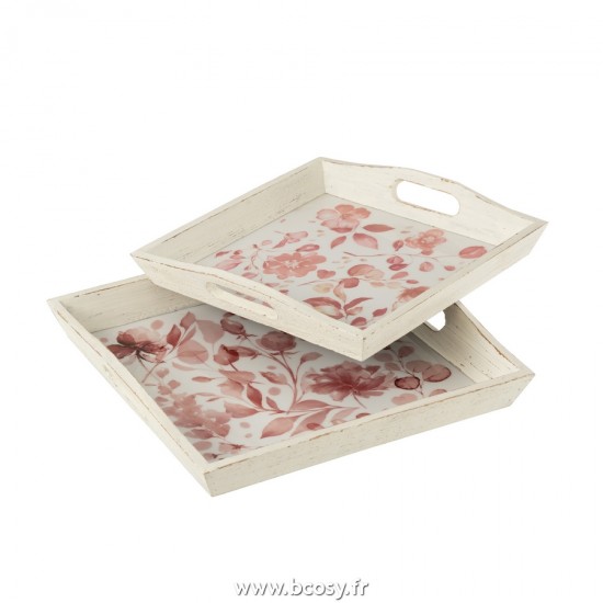 J-Line Jolipa J Line Jline Set De 2 Plateaux Motifs Roses En Bois Blanc Rose