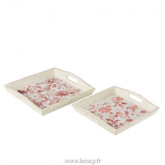J Line Set de 2 Plateaux Motifs Roses En Bois Blanc Rose L41xB40xH7 cm Jline 23219 by Jolipa 23219