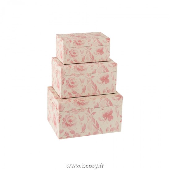 J-Line boites Jolipa J Line Jline Set De 3 Boites A Motifs Roses Mdf Blanc Rose