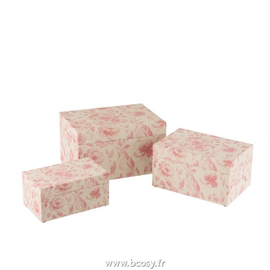 J Line Set de 3 Boites A Motifs Roses Mdf Blanc Rose L35xB25xH20 cm Jline 23220 by Jolipa 23220