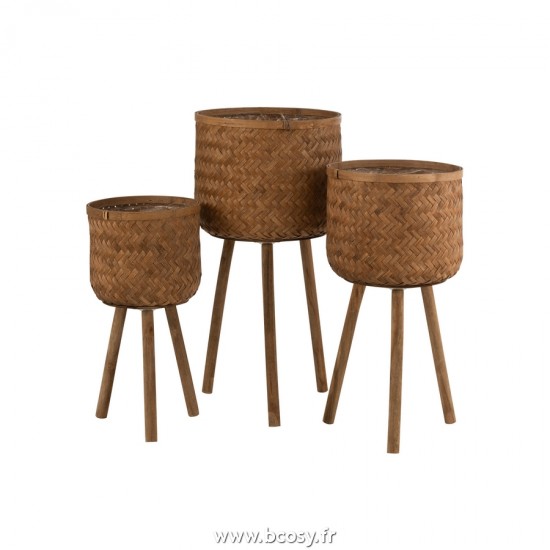 J Line Set de 3 Cachepots A Trepieds En Bambou Et Plastique Nature L37xB37xH75 cm Jline 23234 by Jolipa 23234