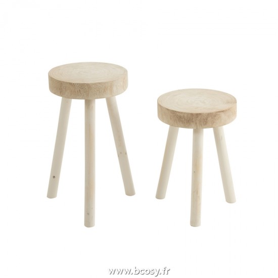 J-Line tabourets ronds Jolipa J Line Jline Set De 2 Tabourets Paulownia Bois Blanc