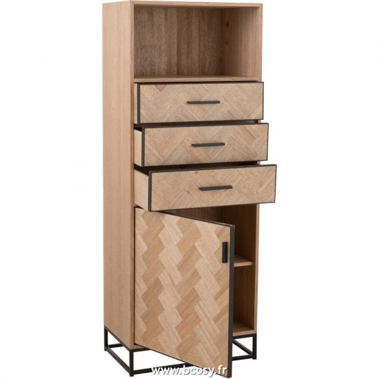 J-Line Armadio Alto 3 Cassetti Zigzag Legno/Metallo Naturale/Nero