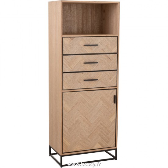 J Line Armoire Haute 3 Tiroirs Zigzag Bois Metal Naturel Noir L60xB38xH158 cm Jline 25023 by Jolipa 25023
