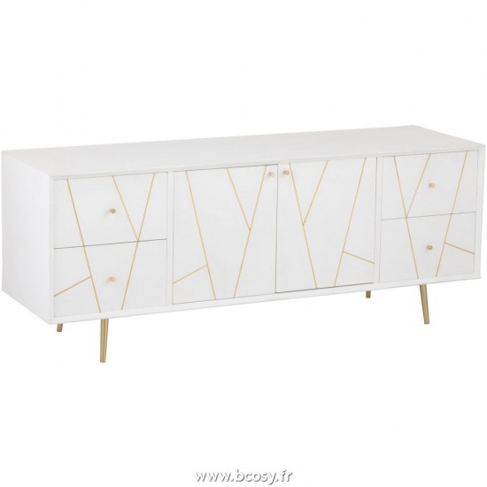J Line Dressoir Rayures 4 Tiroirs 2 Portes Bois Metal Blanc Or L150xB45xH59 cm Jline 25030 by Jolipa 25030
