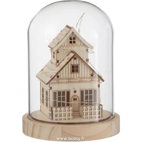 J Line Cloche Hiver Led Maison Bois Verre Naturel L13xB13xH18 cm Jline 25122 by Jolipa 25122