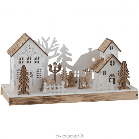 J Line Deco Hiver Led Maisons Bois Naturel Blanc Small L28xB11xH14 cm Jline 25125 by Jolipa 25125