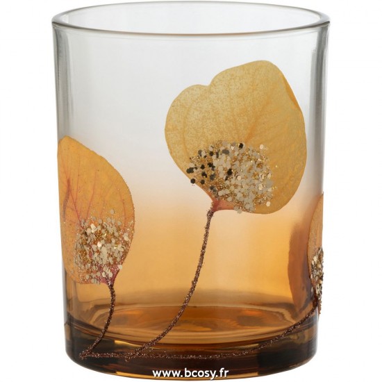 J Line Photophore Feuille Sechee Ocre + Paillettes Medium L10xB10xH12 cm Jline 27732 by Jolipa 27732