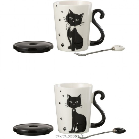 J-Line tasses de cafe Jolipa J Line Jline Mug Imprime Chat Couvercle Cuillere Porcelain Blanc Noir Assortiment De 2