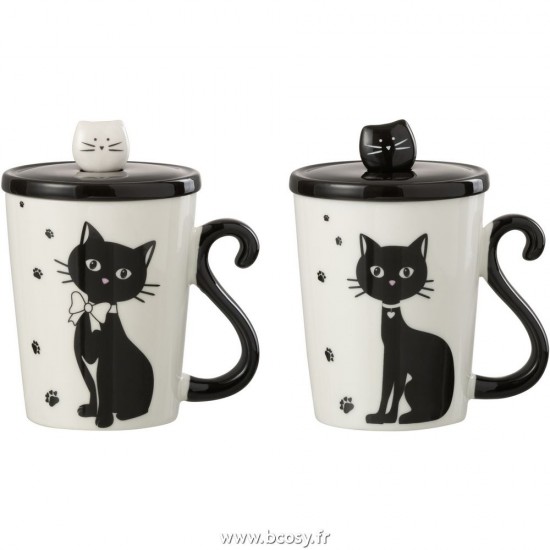 J Line Mug Imprime Chat + Couvercle + Cuillere Porcelain Blanc Noir L8xB7xH10 cm Jline 27910 by Jolipa 27910 Assortiment de 2 pcs