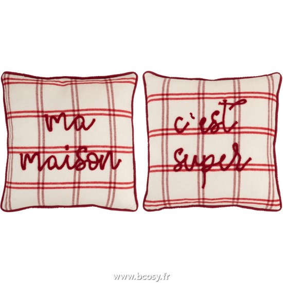 J Line Coussin Texte Polyester Rouge Blanc L45xB45xH4 cm Jline 28061 by Jolipa 28061 Assortiment de 2 pcs