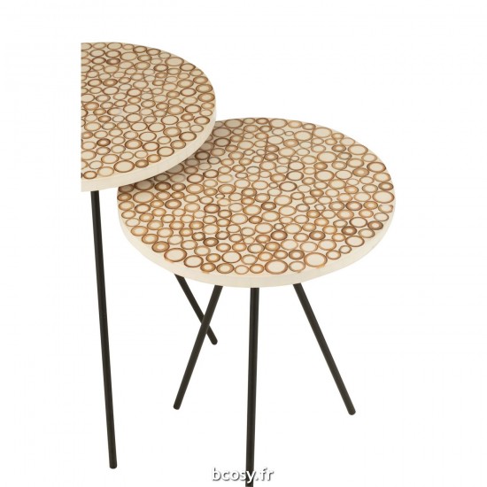 J-Line J Line tables d appoint bouts de canapé Jolipa Set De 2 Tables Gigognes Cercles Resine Marron Blanc.