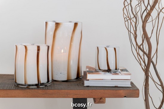 Jolipa Photophore Lignes Safari Verre Blanc Marron Medium.