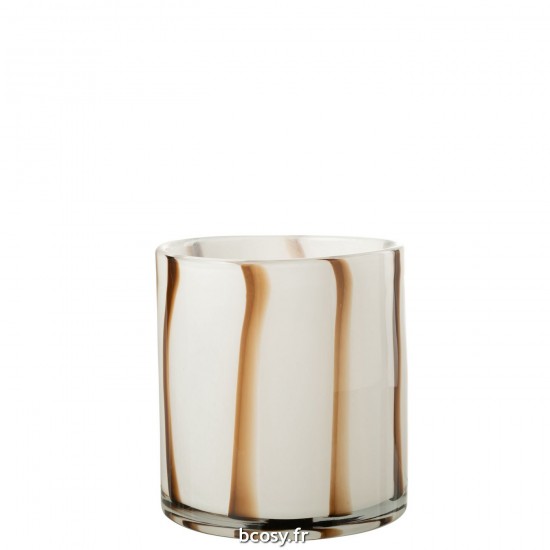 J Line Photophore Lignes Safari Verre Blanc Marron Medium L18xB18xH18 cm JLine 30266 by Jolipa 30266.