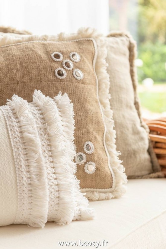 J-Line coussins Coussin Miroirs Coins Jute Naturel Blanc