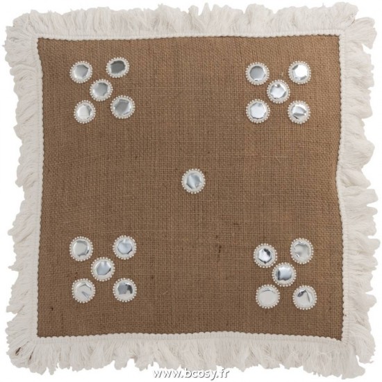 J Line Coussin Miroirs Coins Jute Naturel Blanc Jline 3031 by Jolipa 3031