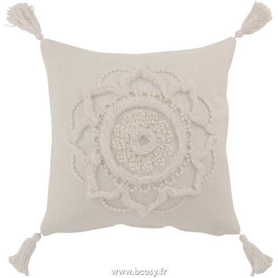 J Line Coussin Fleur+Floches Coton Blanc Jline 3049 by Jolipa 3049