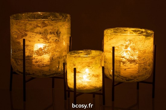 J-Line J Line lanternes photophores Photophore Debout Verre Acier Marbre Vert Large.