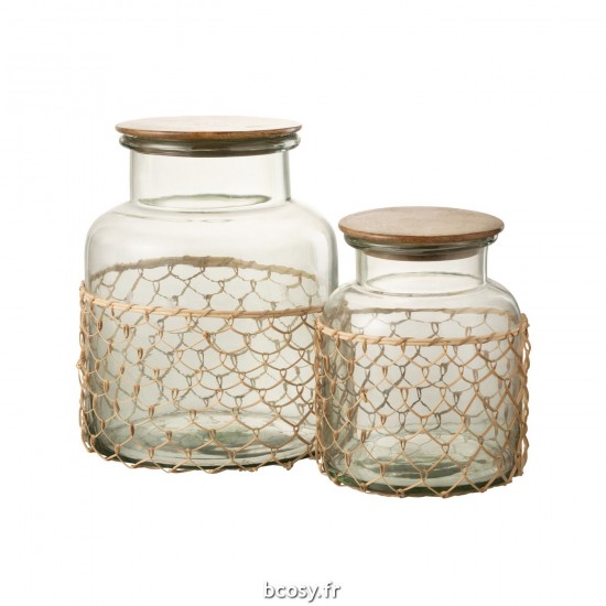 J-Line J Line pots potiches avec couvecle Jolipa Pot Couvercle Tricot Verre Bois Jute Transparent Large.