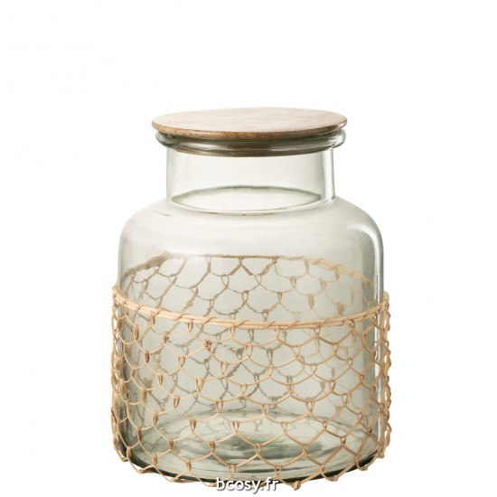 J Line Pot Couvercle Tricot Verre Bois Jute Transparent Large L22xB22xH28 cm JLine 31981 by Jolipa 31981.